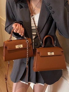 Minimalist brown leather Kelly style handbag set with metal chain strap for women
