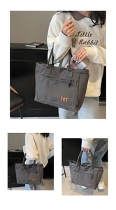 Detail of dark grey canvas tote bag with orange TCT logo and functional zip pocket