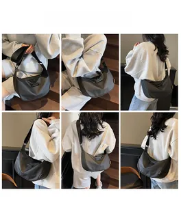 Collage of model wearing a black nylon crescent bag on stairs for casual commuting style