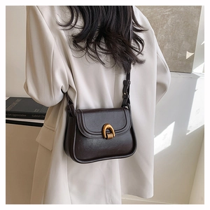 Detail of dark brown leather saddle bag with gold U-shaped hardware on a model's shoulder
