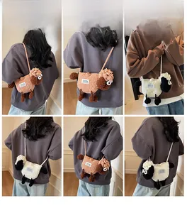 Detailed views of cute knitted sheep crossbody bags in brown-pink and black-white styles
