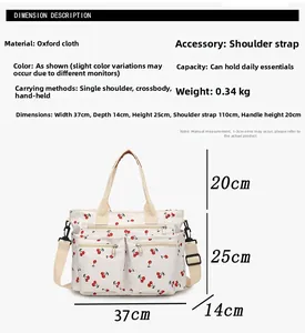 Infographic showing cherry print oxford tote dimensions and multi-way carrying strap details