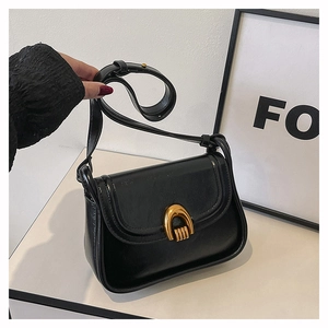 Detailed macro view of matte black leather saddle bag with golden horseshoe buckle