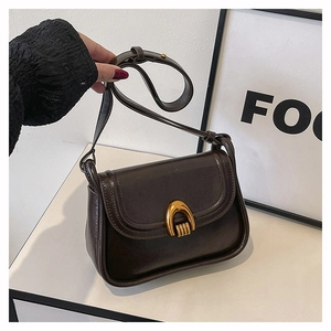 Detailed close-up of dark brown vintage saddle bag with shiny leather and gold horseshoe buckle
