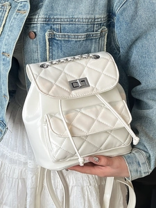Quilted white PU leather backpack with silver metal chain straps for women's spring fashion