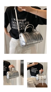 Silver metallic Boston bag shown in crossbody and handheld styles for versatile fashion