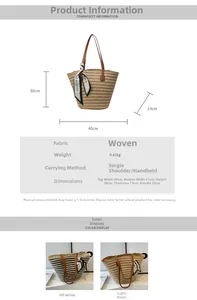 Detailed size specifications and dimensions for the woven beach tote with shoulder straps