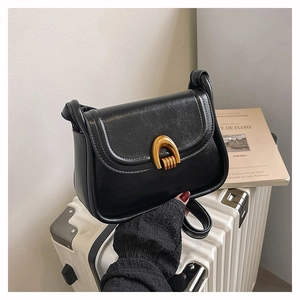 Detail of black glossy saddle bag with a golden horseshoe metal buckle on a white suitcase