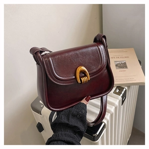 Detailed close-up of glossy burgundy saddle bag with elegant vintage golden buckle