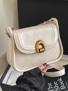 French Retro Minimalist Saddle Bag For Women PU Leather Shoulder Bag Gold Horsebit Buckle Flap Commuter Handbag