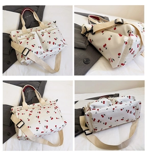 Detailed four-way view showing cherry print tote bag structure and zipper pockets