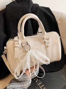 Women Retro PU Leather Boston Pillow Bag Glossy Handbag Artificial Pearl Lace Bow Charm Crossbody Shoulder Bag Daily Use