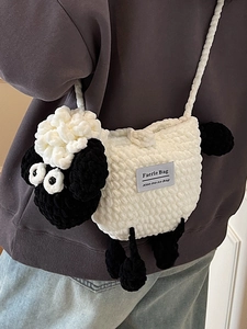 Handmade crochet sheep crossbody bag in black and white wool for women and kids
