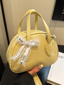 Minimalist Lychee Texture PU Leather Crossbody Bag For Women Decorative Ribbon Bow Handbag Small Boston Bowling Bag Casual Satchel