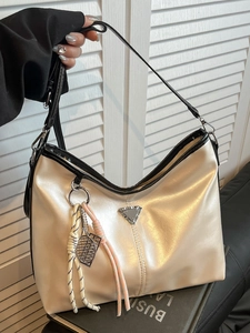 Women Fashion PU Leather Shoulder Bag Soft Tote Bag Minimalist Hobo Bag Commuting Crossbody Bag With Triangle Decor Woven Charm
