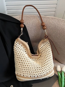 Borsa Tote in Paglia Intrecciata da Donna Grande Capacità Borsa a Tracolla Traforata Borsa da Spiaggia per Vacanze Con Grani di Legno