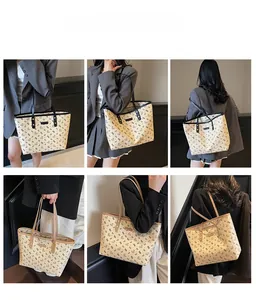 Viste dettagliate di una borsa tote beige con stampe di orsi indossata in vari modi