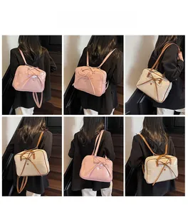 Detailed views of multi-functional faux leather backpack with stylish bow decoration