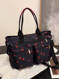 Women's Cherry Print Oxford Cloth Tote Bag Large Capacity Multiple Pockets Shoulder Crossbody Bag Casual Handbag For Daily