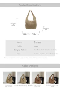 Detail view of woven straw tote bag showing dimensions 37x30x9cm and lightweight texture