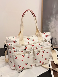 Large capacity white tote bag with red cherry prints and adjustable shoulder strap