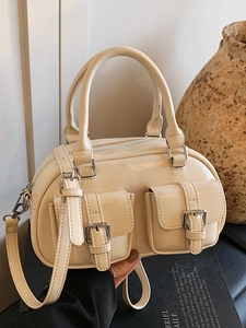 Fashion PU Leather Boston Crossbody Bag For Women Trendy Sweet Korean Style Bowling Bag Double Pockets Adjustable Shoulder Strap Purse