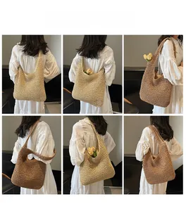 Detailed views of woven straw tote bags in beige and brown shown on a female model