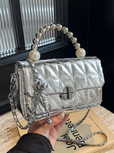 Fashion Women Quilted Diamond Lattice PU Leather Handbag With Artificial Pearl Metal Bead Handle Chain Shoulder Crossbody Square Bag