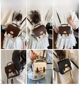 Collage of mini vintage Cambridge backpacks with transparent front window and charms