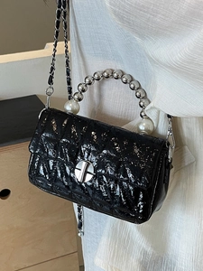 Chic black patent leather quilted crossbody bag with pearl handle and metal chain strap