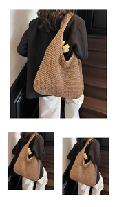 Detailed close-up showing the intricate hollow-out woven texture of this large brown tote bag