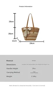 Detailed size chart for straw tote bag featuring brown and white woven contrast texture