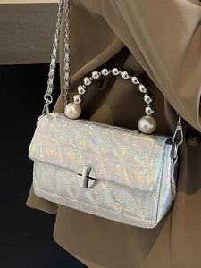 Holographic silver quilted handbag with pearl handle and metal chain strap for women