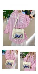 Detailed views of a white oil wax leather ita bag featuring a clear front display pocket