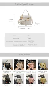Detail showing high-quality PU leather box bag with plush bear charm and hardware
