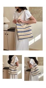 Detail showing the crochet mesh texture and navy stripes of the casual knit tote bag