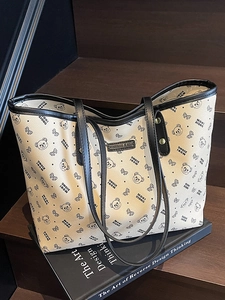 Borsa Tote in PU a Grande Capacità da Donna Con Stampa di Orso Cartone Animato Fiocco Semplice Borsa a Tracolla Urbana