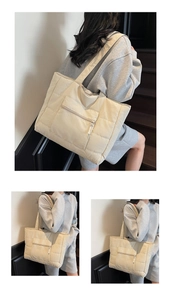 Détail d'un sac cabas matelassé minimaliste montrant la texture et la poche zippée
