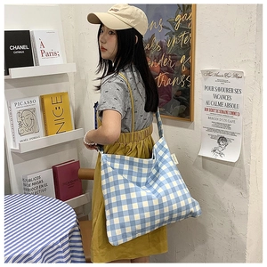 Lifestyle shot of a blue and white checkered canvas tote bag worn by a model in a room