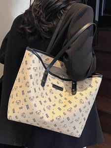Borsa tote beige minimalista con stampa di orso e grande capacità per donna