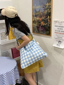 Close-up of blue and white gingham tote bag worn by a model in a stylish indoor setting