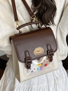British vintage colorblock satchel backpack with cartoon embroidery and clear PVC window