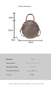 Detailed dimensions of round woven tassel bag showing 37cm diameter and strap length