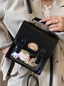 British vintage school style black leather satchel with clear window and cute plush charms