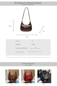 Detailed size specifications for a crescent underarm bag with three color options
