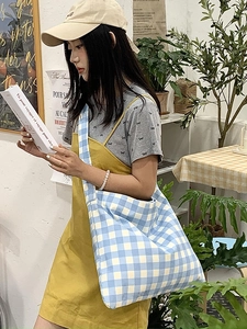 Detail view of the blue and white checkered canvas tote bag showing texture and large capacity