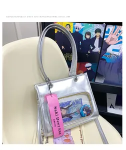 Detail of silver oil wax leather shoulder bag with clear PVC window for anime collectibles