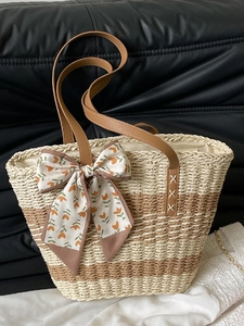 Fashion Striped Straw Woven Tote Bag Women Contrast Color Beach Vacation Shoulder Bag With Tulip Flower Ribbon Bow Decoration