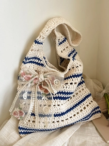 Handmade Woven Tote Bag Women Hollow Out Striped Shoulder Bag Floral Embroidery Bow Sweet Vacation Beach Crochet Bag
