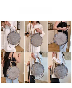 Detail view showing woven straw texture and blue tassels on a round crossbody bag